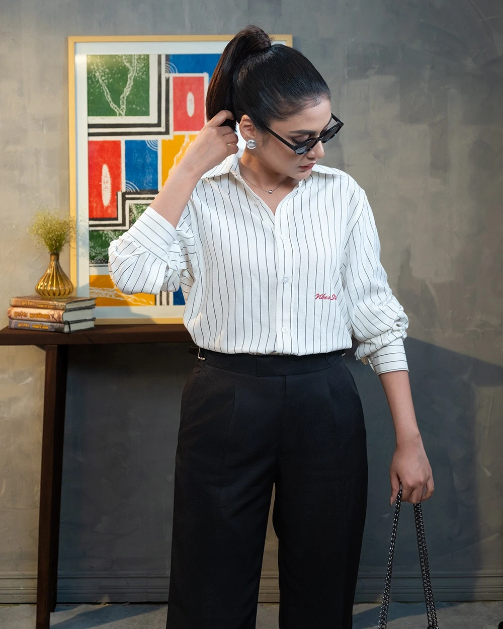 Cream White & Black Stripe Shirt