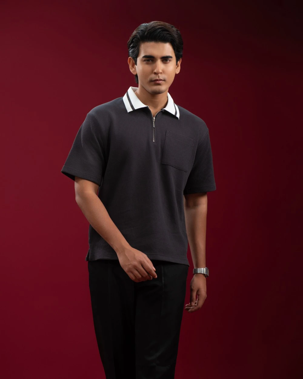 Oversized Charcoal Zip Polo