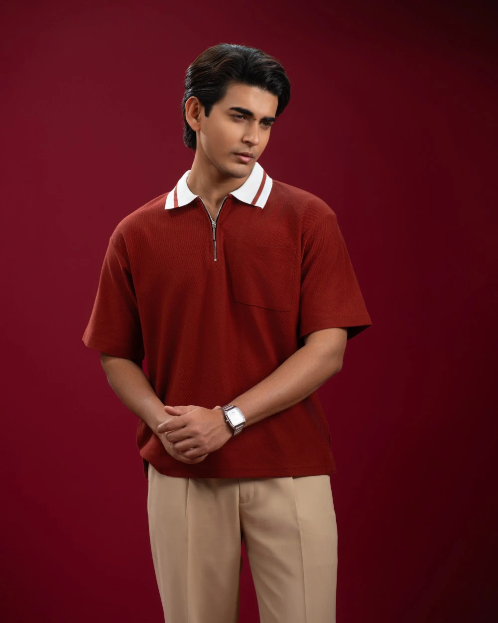 Oversized Amber Red Zip Polo